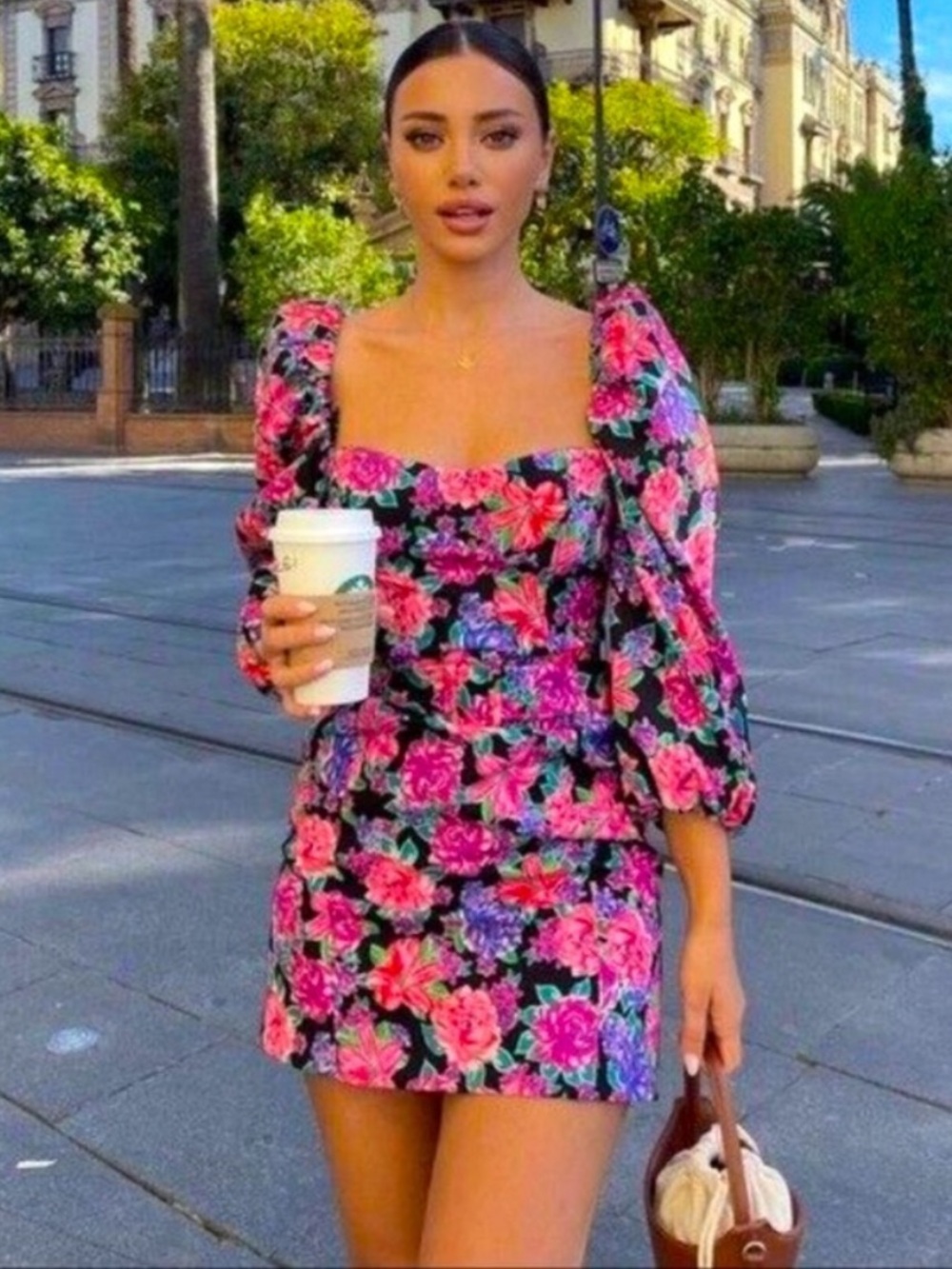 Zara Belted Floral Mini Dress Puff Sleeves